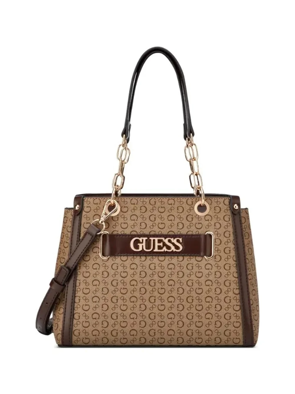 GUESS Brown Logo Jacquard Satchel with Gold Accents